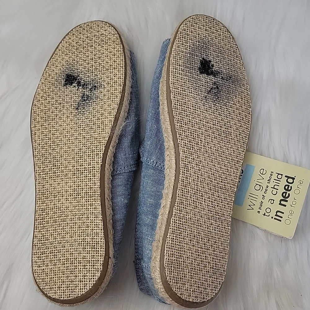 TOMS Alpargata Chambray Open Toe Blue Slip On Boho Nautical Flat Espadrilles NeW